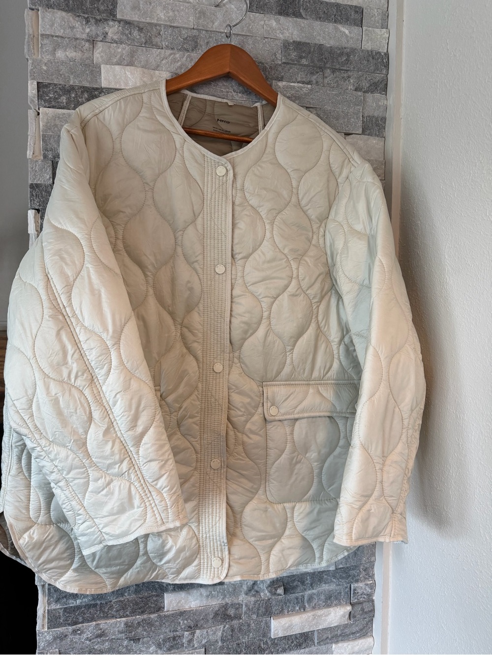 Women's MANGO Satin Quilted Puffy Snap Jacket-Ivory/Cream-XXL